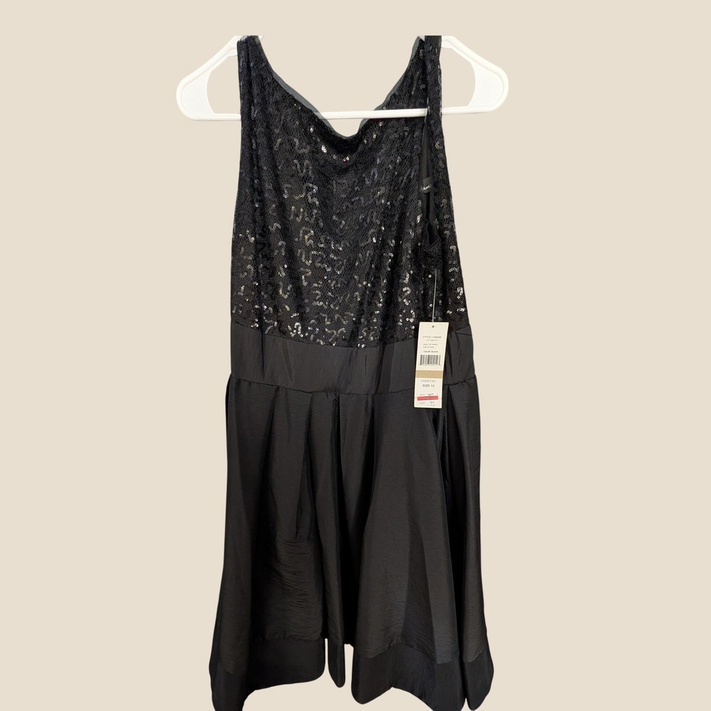 New Black Sequin Lace Cocktail Party Dress V-Back Wrap Waist 110994M Size 12